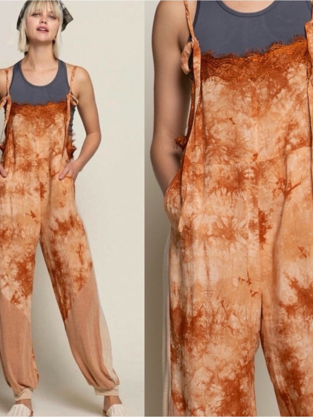 POL Tie-Dye Grey & Blue Overalls Jumpsuit